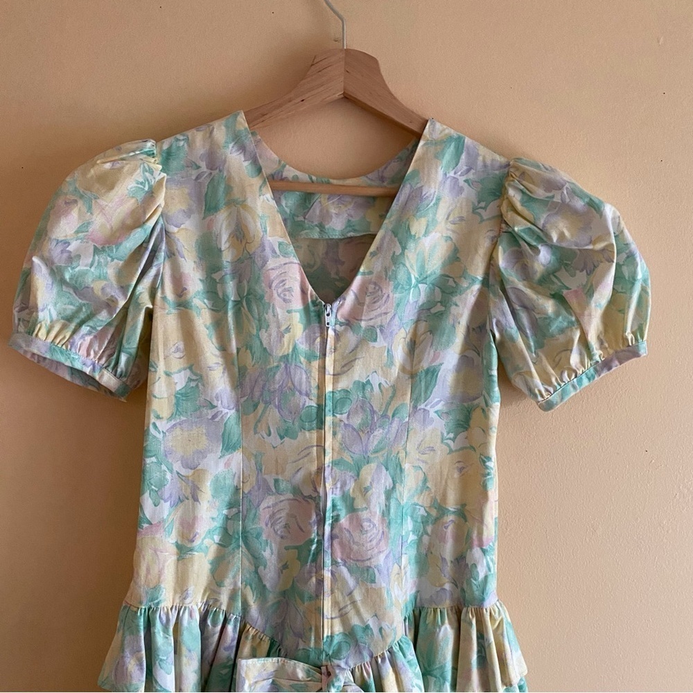 Vintage Manhattan Girl XL 80s Floral Drop Waist Back Bow Puff Short Sleeve Retro - Picture 8 of 17